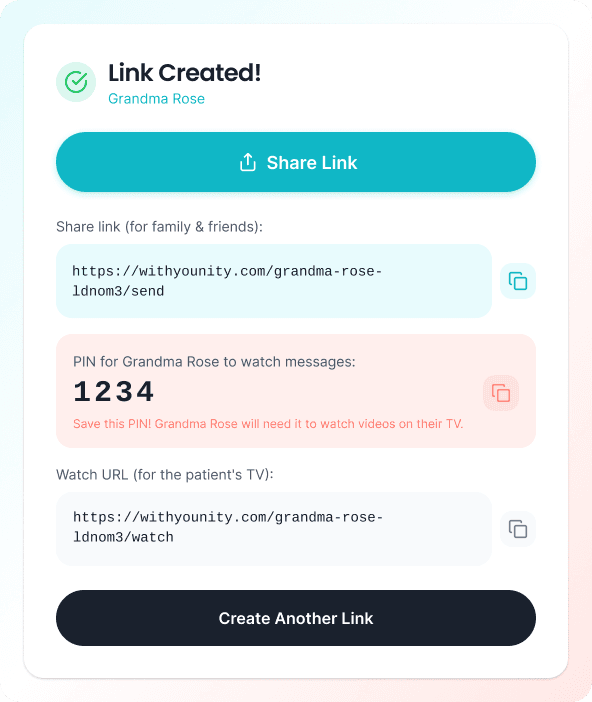 Loved one page showing the copy link button and share options