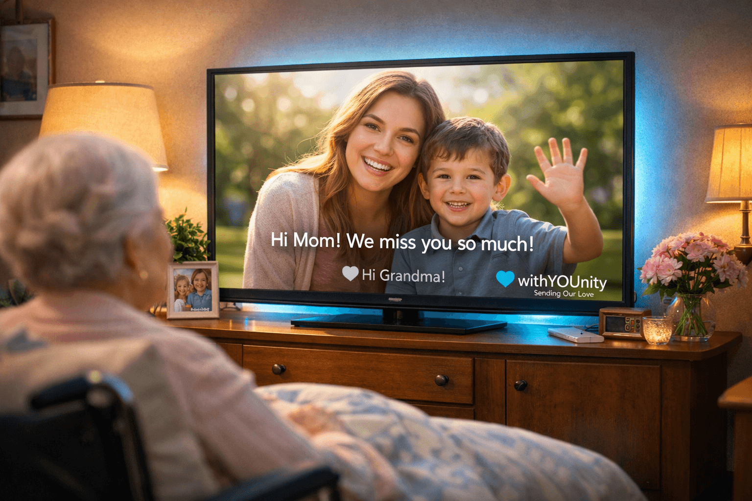 Elderly patient watching a heartfelt video message from family on TV